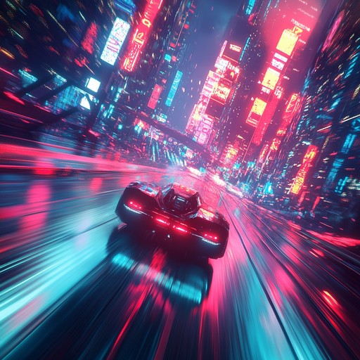 Featuring pounding bass and energetic synths, this piece captures the thrilling essence of a fast paced chase in a glowing, neon illuminated cityscape.