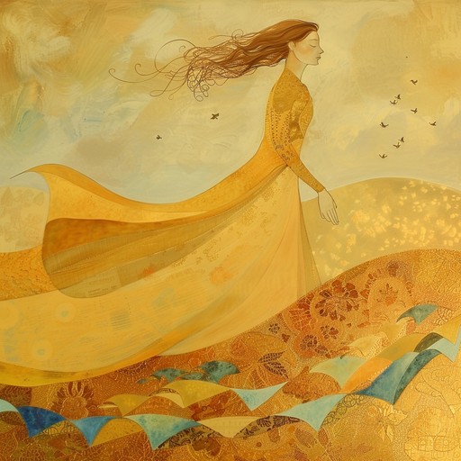 A gentle breeze rustles through a vast golden wheat field, creating a mesmerizing shimmer as the sun's warm rays illuminate the landscape. The tranquil atmosphere evokes feelings of peace, contentment, and a connection to nature's simple beauty.