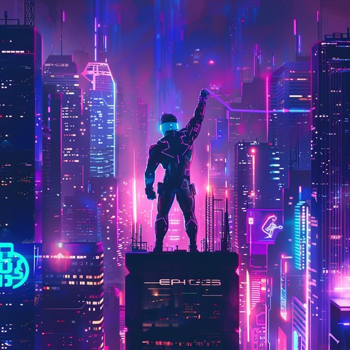 An exhilarating synthwave anthem capturing the essence of an epic hero's triumph through neon lit cityscapes, evoking a utopian digital future of boundless possibilities and victories.