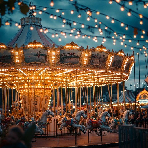 A vibrant, whimsical melody featuring playful, jumping rhythms and joyful harmonies reminiscent of a bustling carnival with colorful lights and merry go rounds that mesmerize.