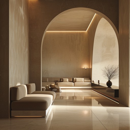 Visualize a spacious, airy lobby with sunlight filtering through large windows, casting a warm glow. The soft synthesizer melodies serve as a tranquil background, designed to melt away the stress of daily life, offering a moment of serene reprieve.