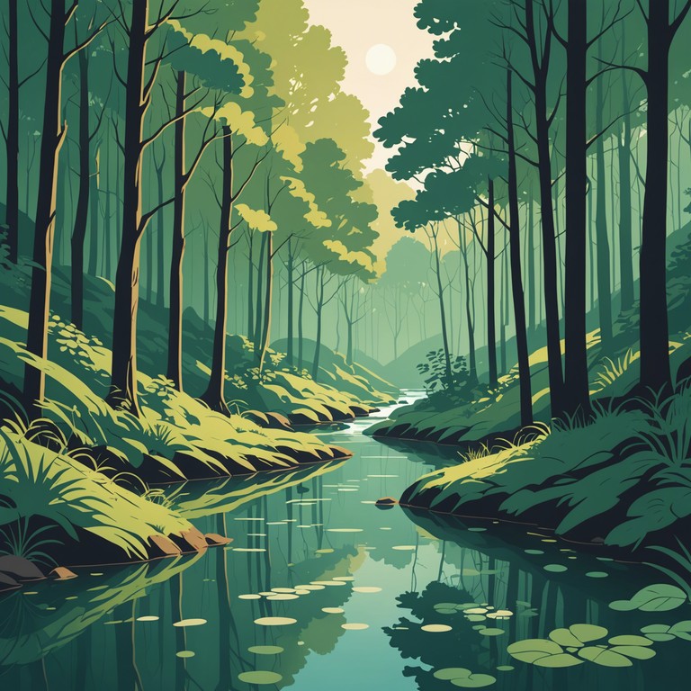 An instrumental track that combines the gentle strumming of an electric guitar with the ambient sounds of nature, reminiscent of a quiet stream in a serene forest setting, perfect for relaxation or contemplative moments.