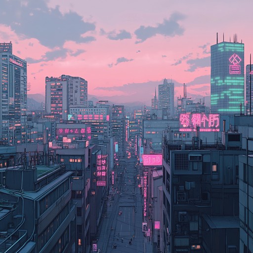 Bright and vibrant synth melodies dance over a pulsating beat, painting a glowing picture of a bustling city at dawn. The music evokes a sense of optimism and new beginnings, as the first rays of sunlight break through the night, illuminating the skyscrapers and streets with a warm, golden hue.