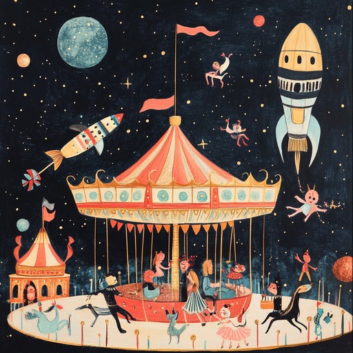 Envision a galactic fair where strange beings dance joyfully under the starry expanse. This polka fuses whimsical accordion melodies with futuristic synths, creating a festive, otherworldly atmosphere that radiates joy and quirkiness.