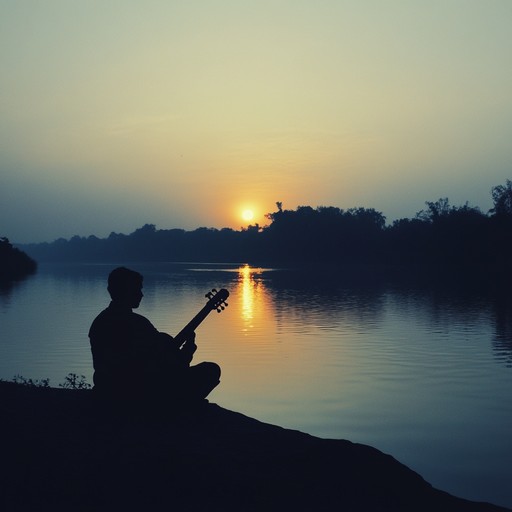 An instrumental composition featuring the sitar, exploring the tranquil mood of an evening raga as the sun sets, inviting listeners into a meditative state of contemplation and serenity.