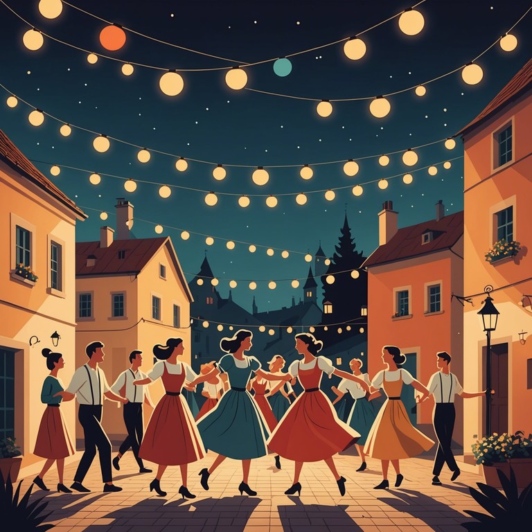 Immerse yourself in the exuberance of a village square dance with 'whirling skirts spin fast.' an accordion pumps hearty melodies as dancers in colorful attire whirl around. Perfect for cultural festivals or any scenario where joy and community spirit are celebrated.