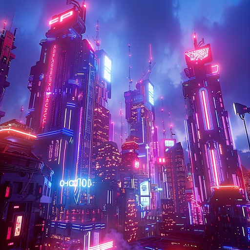 Explore a futuristic soundscape where electric guitar riffs blend seamlessly with glitchy synths, creating an experimental rock atmosphere. The song transports listeners to a neon lit cyberpunk cityscape, evoking echos of synthetic beats, distorted melodies, and unpredictable rhythmic patterns.