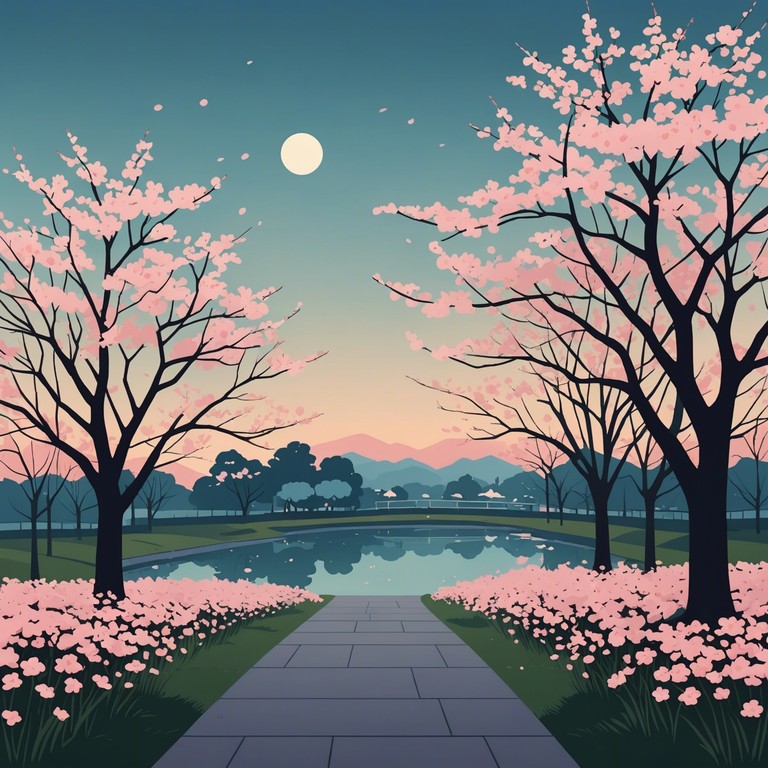 Immerse into a thoughtful j pop instrumental echoing the serene sadness tied with impermanent beauty as sunset colors blend softly with pink sakura petals.