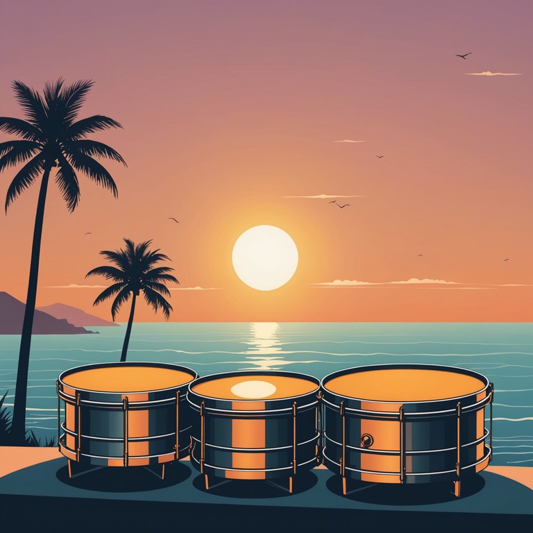 Let yourself drift away to a relaxing soundscape where the calming tones of steel drums play under a technicolor sunset, crafting an atmosphere of peaceful nostalgia and serene beauty.