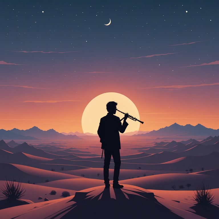 A musical journey where the traditional arabian flute intertwines seamlessly with modern electronic soundscapes, crafting a piece that evokes the vast and enigmatic desert landscape under a starry sky. The track blends these elements to suggest both the ancient and the futuristic, encapsulating a sense of timeless adventure and profound mystery.