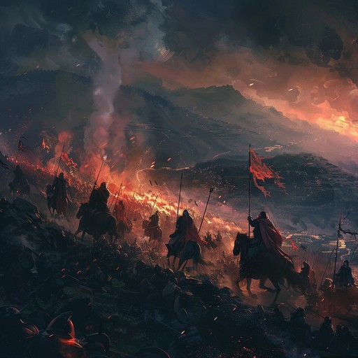 A symphonic composition marked by powerful orchestral arrangements and dynamic tempo shifts, building up intense energy that culminates in a dramatic and powerful climax. This piece captures the essence of a heroic battle, envisioning warriors marching into an epic confrontation with unwavering determination.