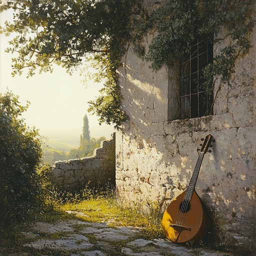 A gentle instrumental piece played on the lute, reminiscent of medieval troubadours serenading the quiet fields and tranquil landscapes, invoking a sense of peace and nostalgia.