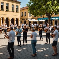 laid back salsa tunes, seaside background.