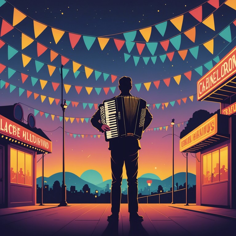 This track merges the contrasting emotions of a lively carnival with an undercurrent of sorrow, offering a reflective, melancholic mood amidst the festive atmosphere. It uses a melodic accordion to play a slow, haunting melody that echoes the solitary feelings one might hide at a jubilant event.