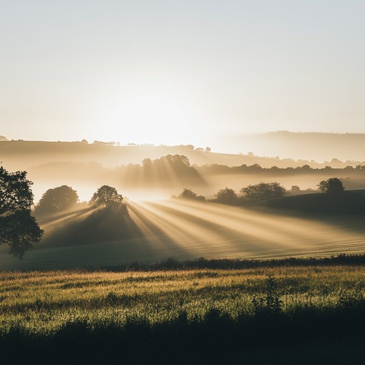 This instrumental piece features a delicate harpsichord melody intertwined with soft strings, painting the peaceful imagery of a sunrise over a quiet, pastoral landscape