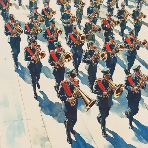 This composition honors the time honored tradition of military bands, layering snappy snare drums with bold brass harmonies to evoke scenes of parades and ceremonies from a time gone by. The building tempo reflects the march of soldiers, resonating with a sound that's both celebratory and solemn.