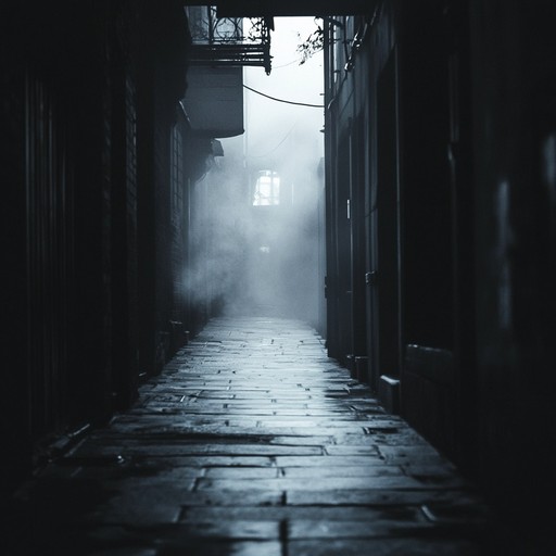 A haunting blend of eerie textures and unsettling rhythms unfolding in a dark alleyway, enhancing a sense of looming dread and haunting suspense, creating an atmosphere thick with mystery and anxiety.