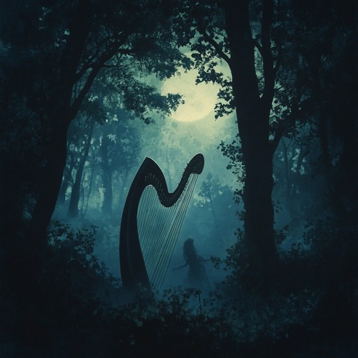 As the moon casts its silvery light, the haunting sounds of a harp played by invisible forces weave a sorrowful yet beautiful melody in the forgotten woods.