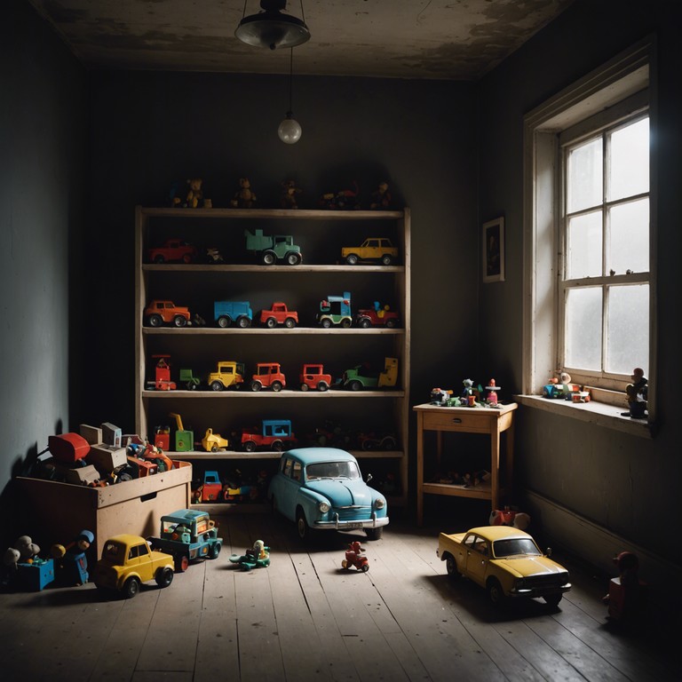 A journey through a child's abandoned playroom at dusk, where faded memories are wrapped in the echoes of electronic toy instruments creating a nostalgic yet slightly eerie soundscape