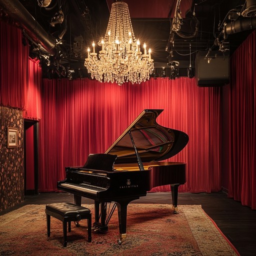 Experience the elegance and allure of a classic cabaret night with sophisticated piano driven melodies that evoke a timeless atmosphere of charm and grace, reminiscent of intimate venues with red velvet and delicate chandeliers.