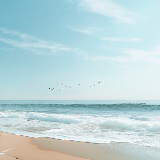 Experience the calming ambiance of a summer morning stroll along a serene beach, where the soothing guitar melody blends with the sound of gentle waves and seagulls, creating an uplifting and relaxing atmosphere