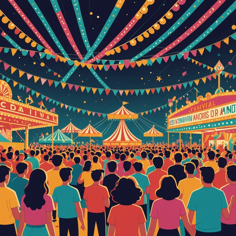 This composition encapsulates the essence of a lively carnival atmosphere, with energetic percussion driving a danceable rhythm that resonates with the joy and excitement of a festive night. The music is designed to make listeners feel like they are walking through a bustling carnival, with all the lights, laughter, and energy that come with it.