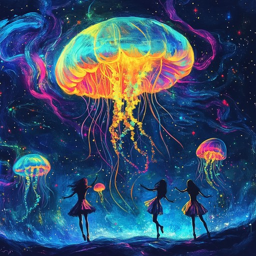 An instrumental piece that fuses psychedelic electronic melodies with tribal rhythms, evoking an otherworldly dance under a neon lit sky teeming with floating jellyfish.