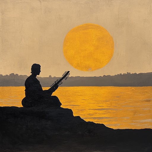 An instrumental piece featuring the elegant tones of the sitar, capturing the serene mood of a golden dusk in the hindustani landscape, evoking feelings of tranquility, introspection, and a deep connection with nature