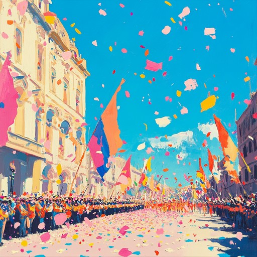 An orchestral composition that captures the spirit of victory with bold brass sections leading a thrilling, celebratory march, evoking images of grand parades and joyous crowds. The music progresses with a compelling rhythm that symbolizes overcoming challenges and achieving glory.