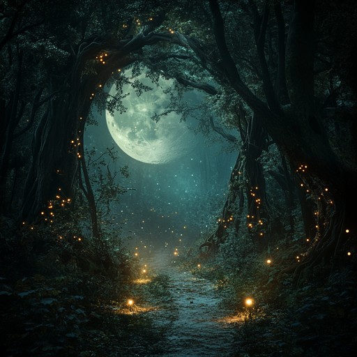 A captivating instrumental piece with gentle guitar strings reverberating otherworldly harmonies, drawing on ancient folk traditions. It evokes the mystical ambiance of a haunted forest at night. The melody sways between calmness and eerie tension, enveloping the listener in an enchanting sonic journey.