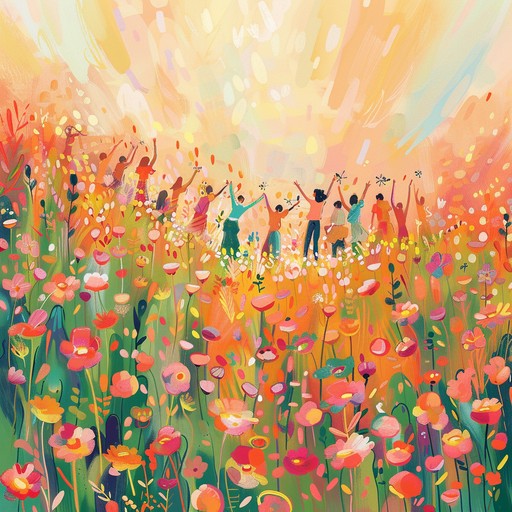 Craft a joyful soundtrack that evokes the feeling of dancing through a sunlit meadow, with melodies that are as vivacious as a blooming field of flowers. The music should carry an upbeat tempo, sprinkled with cheerful notes and a light, breezy mood, perfect for creating a radiant and uplifting atmosphere.