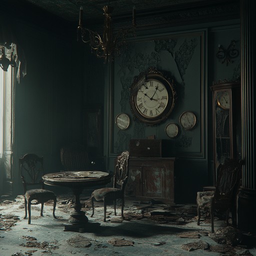 A composition blending eerie, metallic ticking, and random clanks to create a sense of unease and unpredictability, reminiscent of a haunted clockwork device in an abandoned victorian mansion