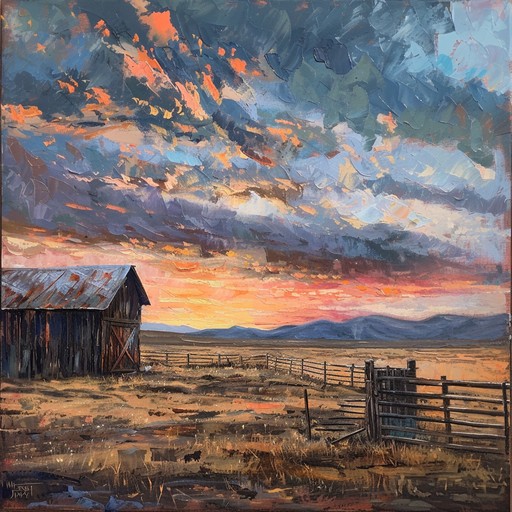 A gentle, slow-paced country instrumental that evokes the peaceful beauty of a sunset over a sprawling ranch. Melancholic guitar melodies intertwine with the soulful cry of a harmonica, painting a picture of the day's end and the quiet reflections of a cowboy.