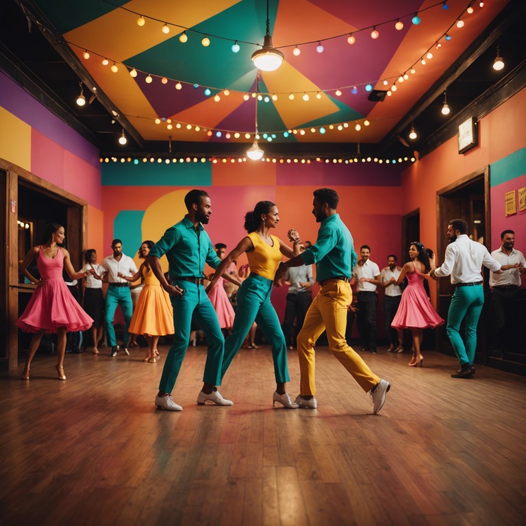 Imagine a track pulsing with the vibrant energy of a live salsa band. High energy brass crescendos blend with rhythmic percussions creating a festive, dance oriented ambience. Perfect for dance competitions or lively parties.