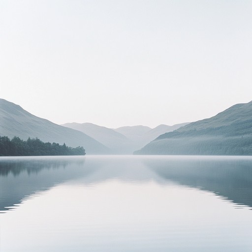 In the early morning fog, distant sounds of bagpipes roll over serene scottish lochs, evoking a deep connection with ancient lands and timeless traditions. The music captures the essence of a peaceful scottish morning, as the mist hovers over tranquil waters and green hills.