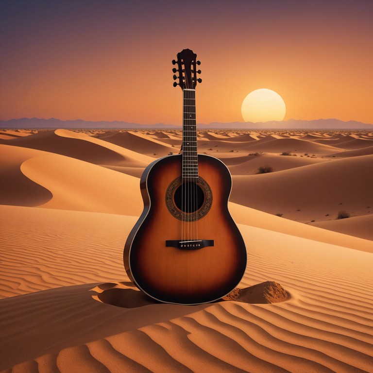 Embrace an emotional escape with this composition, seamlessly fusing traditional middle eastern folklore with soothing melodics. Vivid hues of red and orange across the sky inspire the musical tones, casting an enchanting spell of peace and deep contemplation.