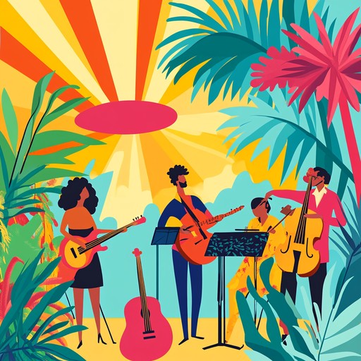 An energetic instrumental blending latin jazz with infectious rhythms and bright melodies evoking a sunny, tropical atmosphere