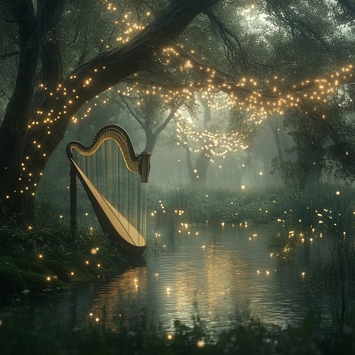 A twilight dreamscape where a melancholy harp melody conjures a sense of serene magic. The piece embraces the delicate balance between sadness and wonder, filling the air with soft, reflective tunes intertwined with ethereal soundscapes. Each pluck of the harp echoes the day's end, guiding listeners into a magical, contemplative state.