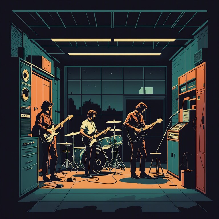 This track captures the raw essence of garage bands with electric guitar riffs and gritty, unpolished vocals against a backdrop of chaotic drums, embodying the spirit of underground music scenes and rebellious youth culture. The track maintains a raw, live performance feel, reminiscent of a late night jam in a cluttered garage.