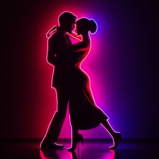 A traditional argentine tango infused with energetic synthesizer rhythms, portraying the elegance of the dance under modern neon lights. Imagine buenos aires by night, where classic meets contemporary in a blend of tradition and innovation.