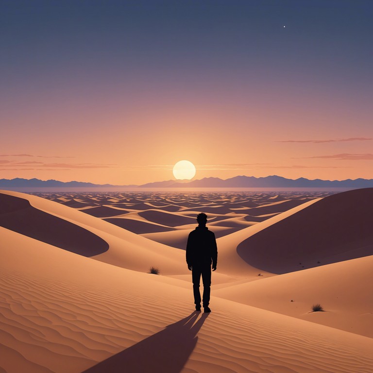 A somber composition evoking the expansive and introspective solitude of a middle eastern desert at dusk. The song captures the essence of isolation and the profound depth of the landscape.