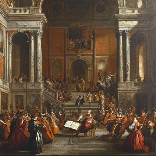 An instrumental baroque composition that evokes a triumphant mood through grand melodies and elaborate ornamentation, featuring trumpet, strings, and harpsichord, capturing the essence of victory and celebration in a royal court setting.