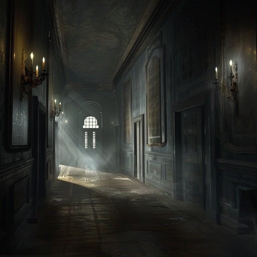 A sinister and spooky orchestral piece that evokes a sense of unease and mystery, featuring harpsichord and strings, reminiscent of ghostly baroque music in a deserted, ancient manor.