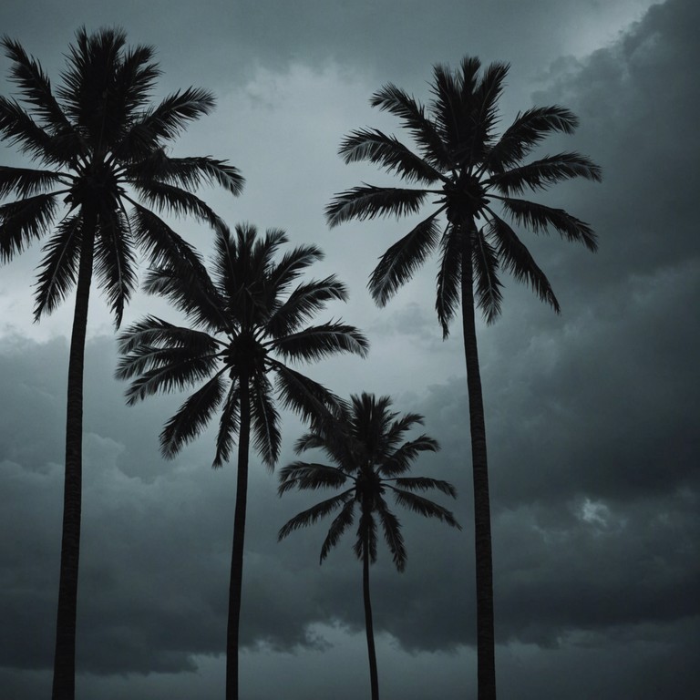 Imagine the anxious anticipation of an impending storm resonating through vibrant tropical rhythms, where the mellow steel drums take a darker, more haunting turn, encapsulated by an atmosphere of tension beneath the palm trees.