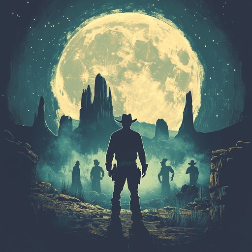 This track creates an eerie atmosphere of a ghostly showdown in a desolate, moonlit desert. It features a haunting violin playing mysterious melodies, reminiscent of a classic western scene, but with an enigmatic twist. The tune builds tension and intrigue, making listeners feel the presence of unseen spirits and ancient mysteries.