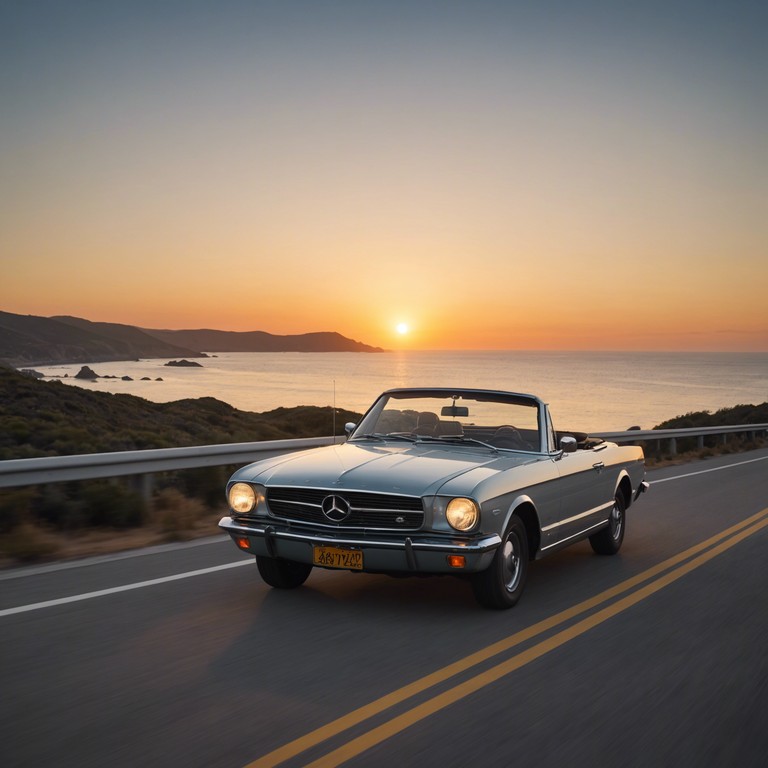 This track features mellow guitar melodies that softly cascade over a gentle rhythmic backdrop, imitating the serene feeling of a sunset drive down a scenic boulevard. Perfect for winding down or contemplative moments, the piece evokes a sense of peace and tranquility, blending soft rock with subtle ambient influences.