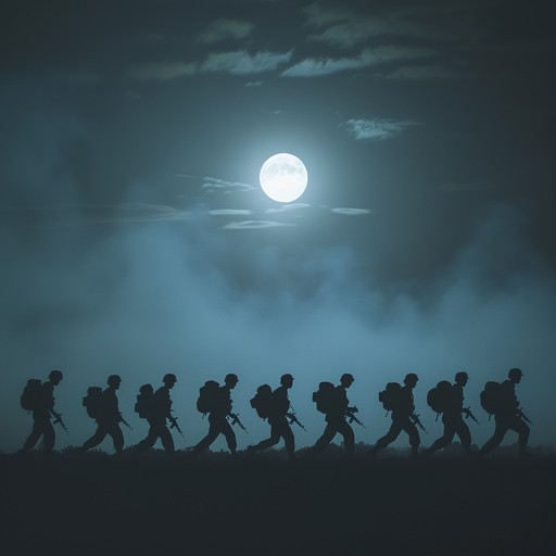 Imagine a serene battlefield where soldiers march under a moonlit sky with a blend of military precision and a soft, dreamlike quality. Ethereal synth pads and lush orchestral strings intertwine with rhythmic snare drums, evoking a surreal and nostalgic atmosphere