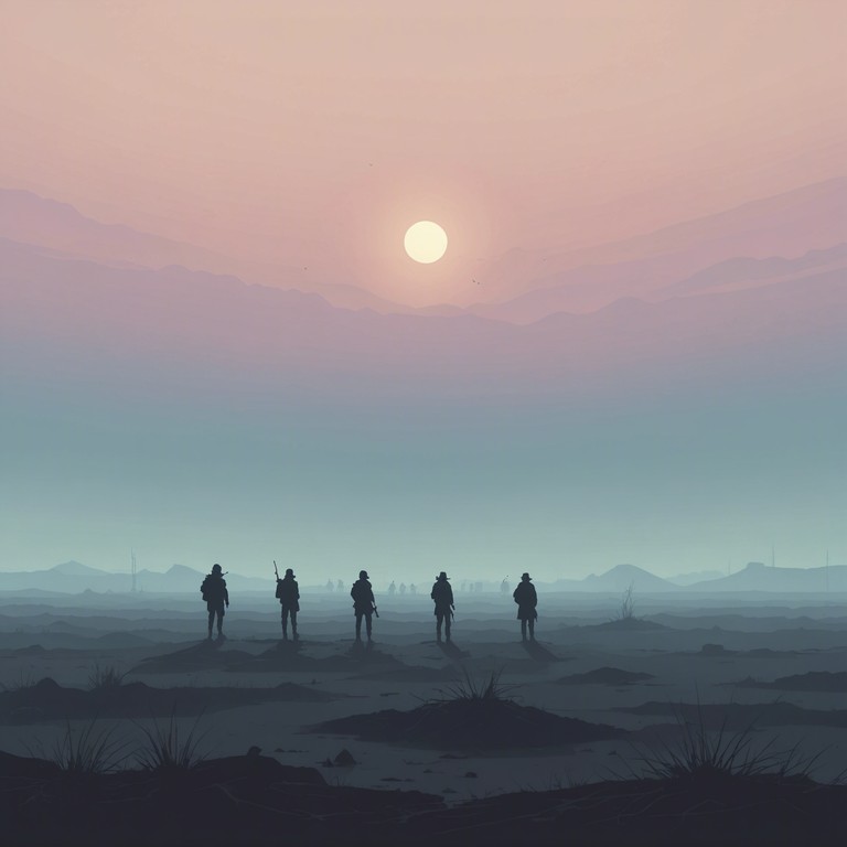 An instrumental track featuring deep, resonant military drums echoing through an empty battlefield, creating an atmosphere of suspense and foreboding. The disjointed rhythms mimic the unsettling uncertainty and tension of a fog covered warzone, where silhouettes and shadows play tricks on the mind.