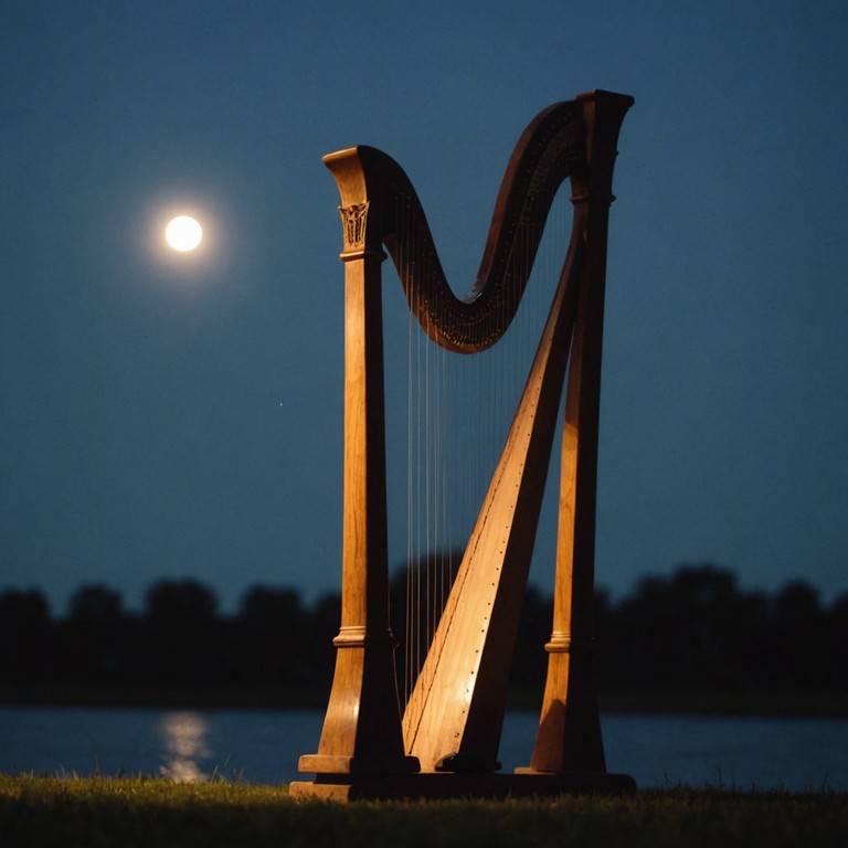 Imagine a secluded, moonlit soiree where the air itself seems to waltz to the refined, gentle strumming of a harp, weaving through the sentiments of peace and the sublime.