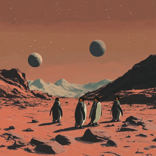 An upbeat instrumental piece that paints a picture of penguins joyfully parading across the mysterious landscapes of mars. Catchy melodies and lively rhythms make for a fun and memorable experience.